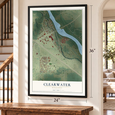Clearwater, Minnesota map, 24 x 36 inch print in a black frame by a staircase