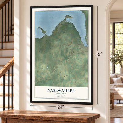 Nasewaupee, Wisconsin map, 24 x 36 inch print in a black frame by a staircase