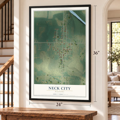 Neck City, Missouri map, 24 x 36 inch print in a black frame by a staircase