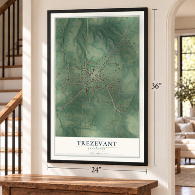 Trezevant, Tennessee map, 24 x 36 inch print in a black frame by a staircase