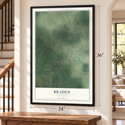Braden, Tennessee map, 24 x 36 inch print in a black frame by a staircase