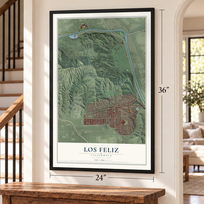 Los Feliz, California map, 24 x 36 inch print in a black frame by a staircase
