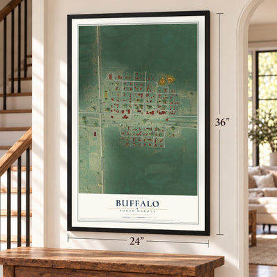 Buffalo, North Dakota map, 24 x 36 inch print in a black frame by a staircase