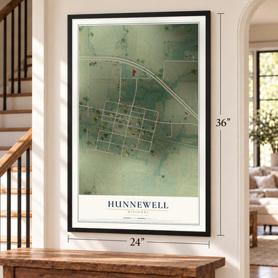 Hunnewell, Missouri map, 24 x 36 inch print in a black frame by a staircase