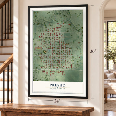 Presho, South Dakota map, 24 x 36 inch print in a black frame by a staircase