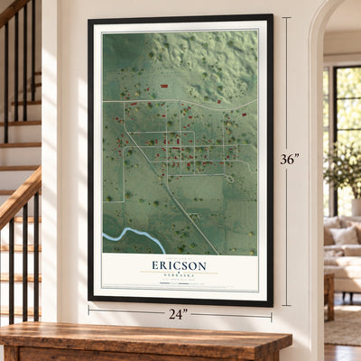 Ericson, Nebraska map, 24 x 36 inch print in a black frame by a staircase