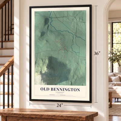 Old Bennington, Vermont map, 24 x 36 inch print in a black frame by a staircase