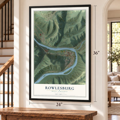Rowlesburg, West Virginia map, 24 x 36 inch print in a black frame by a staircase