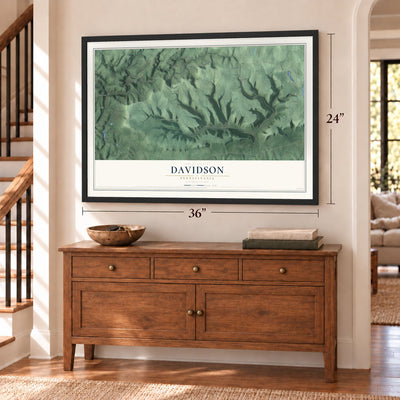 Davidson, Pennsylvania map, 24 x 36 inch print in a black frame above a dresser by a staircase