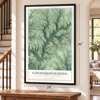 Connoquenessing, Butler County, Pennsylvania map, 24 x 36 inch print in a black frame by a staircase