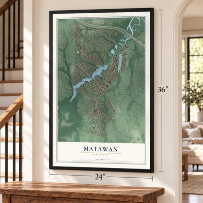 Matawan, New Jersey map, 24 x 36 inch print in a black frame by a staircase
