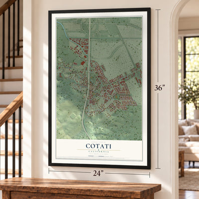 Cotati, California map, 24 x 36 inch print in a black frame by a staircase