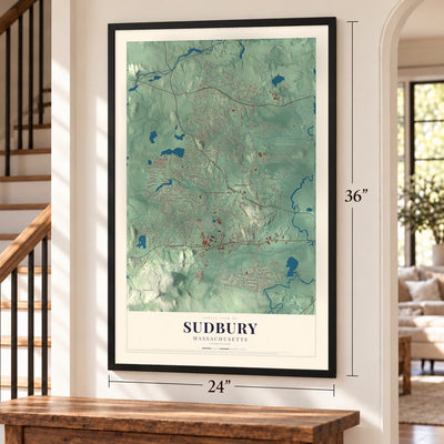 Sudbury, Massachusetts map, 24 x 36 inch print in a black frame by a staircase