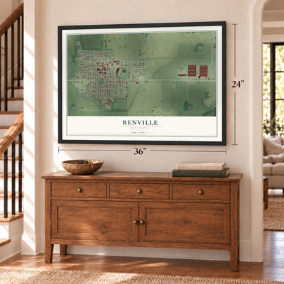 Renville, Minnesota map, 24 x 36 inch print in a black frame above a dresser by a staircase