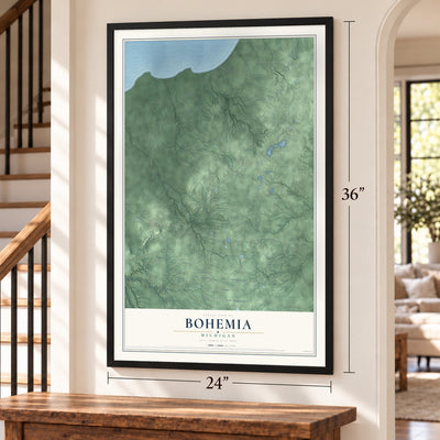 Bohemia, Michigan map, 24 x 36 inch print in a black frame by a staircase