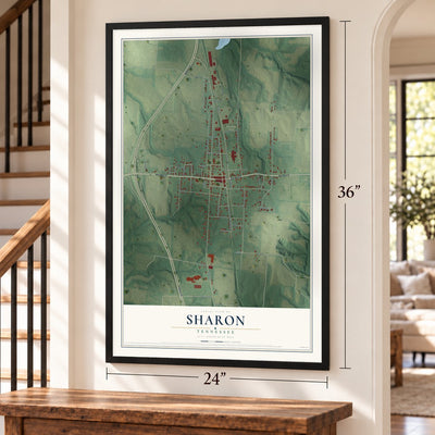 Sharon, Tennessee map, 24 x 36 inch print in a black frame by a staircase