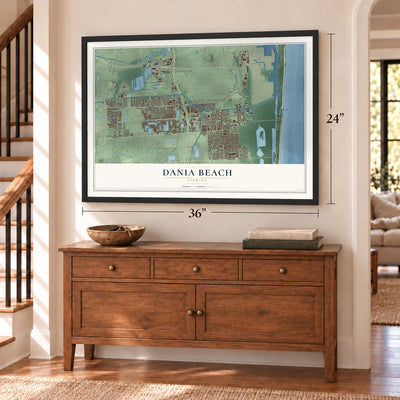 Dania Beach, Florida map, 24 x 36 inch print in a black frame above a dresser by a staircase