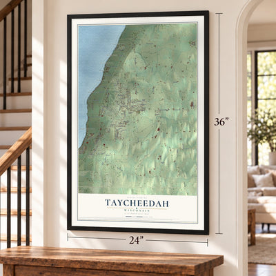 Taycheedah, Wisconsin map, 24 x 36 inch print in a black frame by a staircase