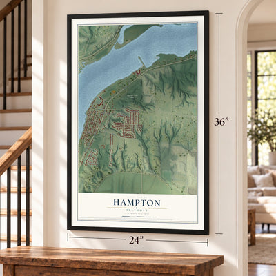 Hampton, Illinois map, 24 x 36 inch print in a black frame by a staircase