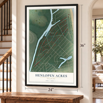 Henlopen Acres, Delaware map, 24 x 36 inch print in a black frame by a staircase