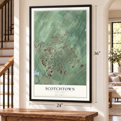 Scotchtown, New York map, 24 x 36 inch print in a black frame by a staircase