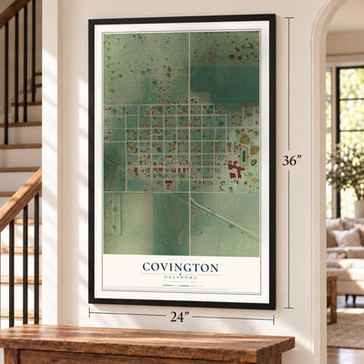 Covington, Oklahoma map, 24 x 36 inch print in a black frame by a staircase