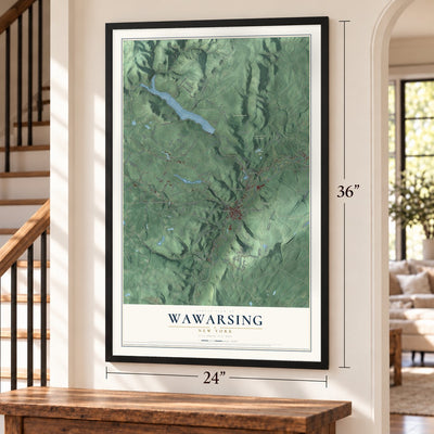 Wawarsing, New York map, 24 x 36 inch print in a black frame by a staircase