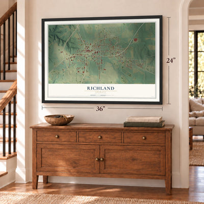 Richland, Georgia map, 24 x 36 inch print in a black frame above a dresser by a staircase