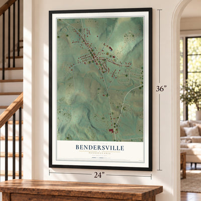 Bendersville, Pennsylvania map, 24 x 36 inch print in a black frame by a staircase