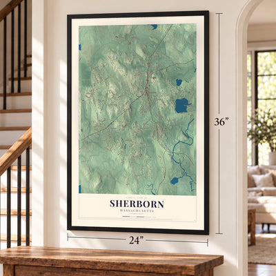 Sherborn, Massachusetts map, 24 x 36 inch print in a black frame by a staircase