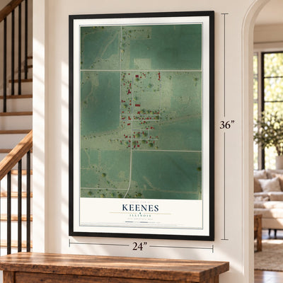 Keenes, Illinois map, 24 x 36 inch print in a black frame by a staircase