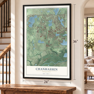 Chanhassen, Minnesota map, 24 x 36 inch print in a black frame by a staircase