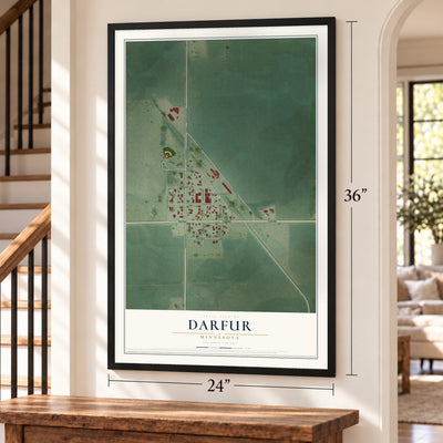 Darfur, Minnesota map, 24 x 36 inch print in a black frame by a staircase