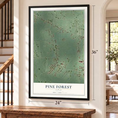 Pine Forest, Texas map, 24 x 36 inch print in a black frame by a staircase