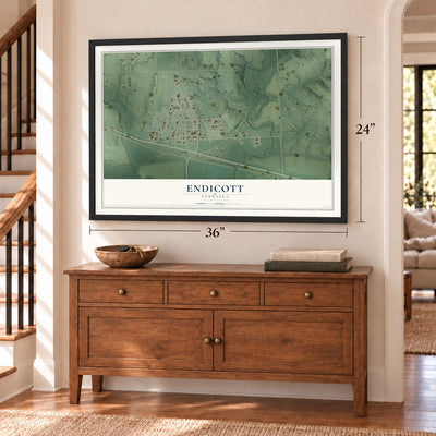 Endicott, Nebraska map, 24 x 36 inch print in a black frame above a dresser by a staircase