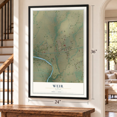Weir, Texas map, 24 x 36 inch print in a black frame by a staircase
