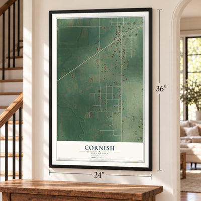 Cornish, Oklahoma map, 24 x 36 inch print in a black frame by a staircase
