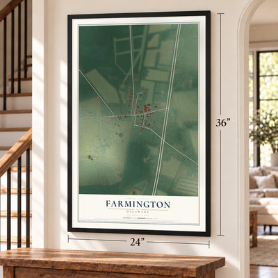Farmington, Delaware map, 24 x 36 inch print in a black frame by a staircase