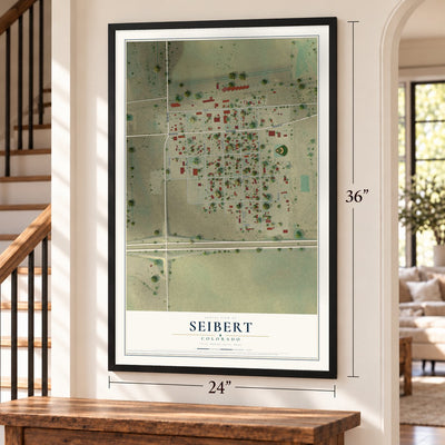 Seibert, Colorado map, 24 x 36 inch print in a black frame by a staircase