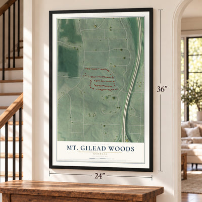 Mt. Gilead Woods, Georgia map, 24 x 36 inch print in a black frame by a staircase