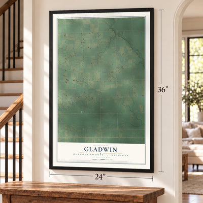 Gladwin, Gladwin County, Michigan map, 24 x 36 inch print in a black frame by a staircase