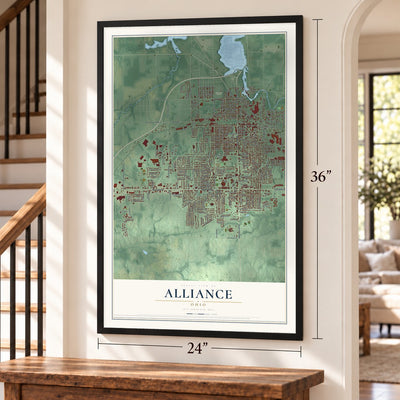 Alliance, Ohio map, 24 x 36 inch print in a black frame by a staircase