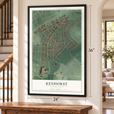 Kenhorst, Pennsylvania map, 24 x 36 inch print in a black frame by a staircase