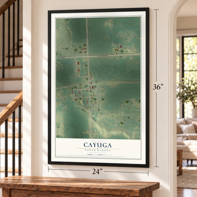 Cayuga, North Dakota map, 24 x 36 inch print in a black frame by a staircase