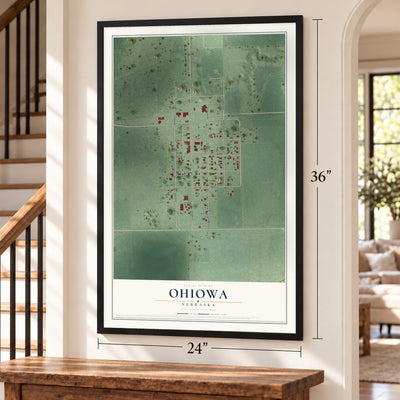 Ohiowa, Nebraska map, 24 x 36 inch print in a black frame by a staircase