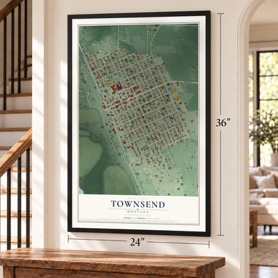 Townsend, Montana map, 24 x 36 inch print in a black frame by a staircase