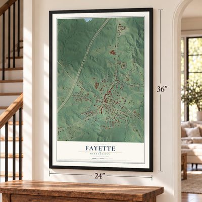Fayette, Mississippi map, 24 x 36 inch print in a black frame by a staircase