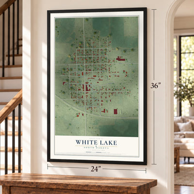 White Lake, South Dakota map, 24 x 36 inch print in a black frame by a staircase