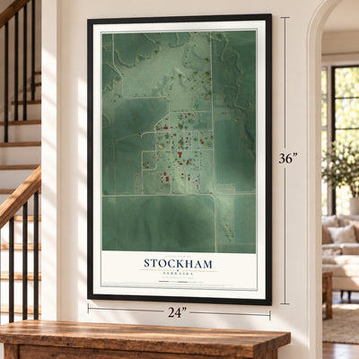 Stockham, Nebraska map, 24 x 36 inch print in a black frame by a staircase