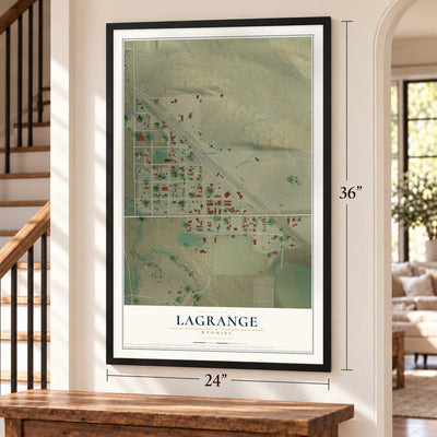 LaGrange, Wyoming map, 24 x 36 inch print in a black frame by a staircase